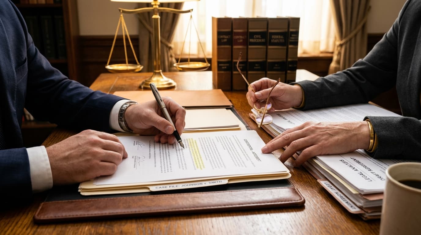 Asesoría legal profesional sin caras mostrando documentos y balanza de justicia